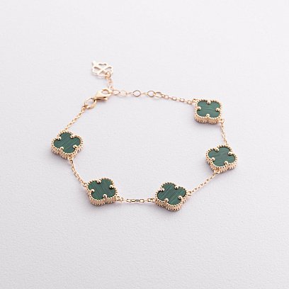 Браслет "Клевера" с малахитом (желтое золото) б05551