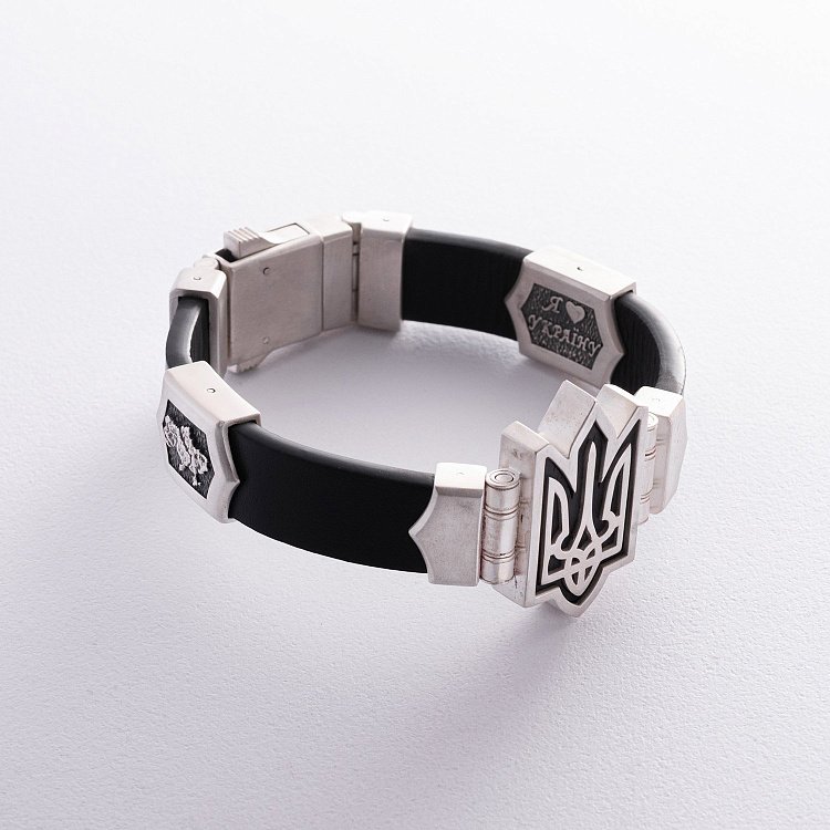 Чоловічий срібний браслет "Герб України - Тризуб" (шкіра, ебен) 1079 від ювелірного магазину Онікс - 7