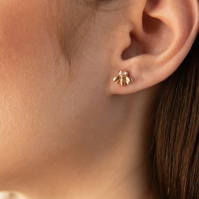Серьги - пусеты "Пчелки" в красном золоте (фианиты) с08579 №2