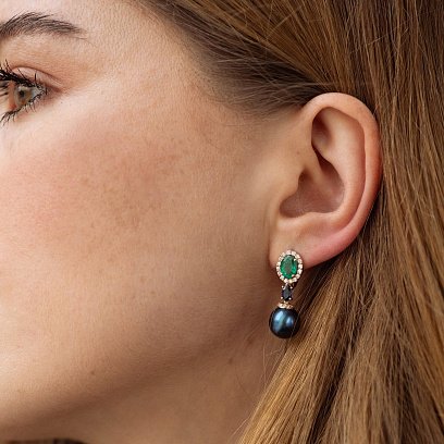 Золотые серьги (жемчуг, изумруд, бриллиант) сб0489di №4