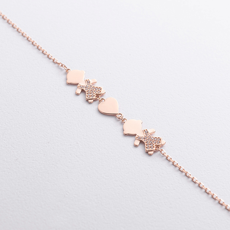 Браслет "Два мальчика и сердечко" в красном золоте (фианиты) б05653 от ювелирного магазина Оникс - 1