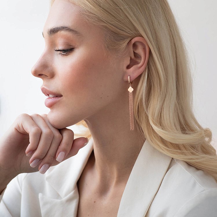 Золоті сережки "Конюшина" з ланцюжками с07738 від ювелірного магазину Онікс - 3