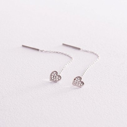 Сережки - протяжки "Сердечки" у білому золоті (фіаніти) с08084 №2