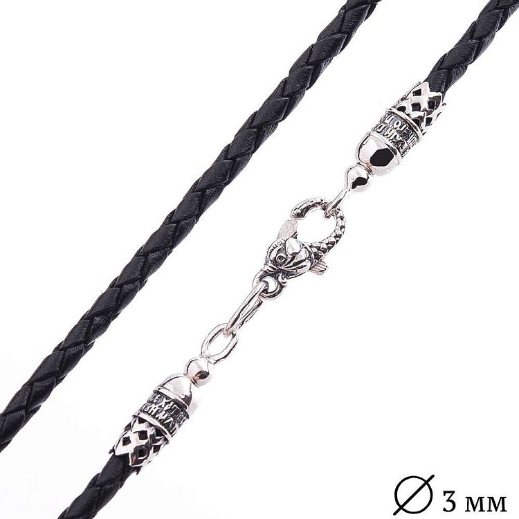 Кожаный шнурок "Спаси и сохрани" с серебряной застежкой "Рыбка" (3мм) 18154 Кожаный шнурок "Спаси и сохрани" с серебряной застежкой "Рыбка" (3мм) 18154 от ювелирного магазина Оникс