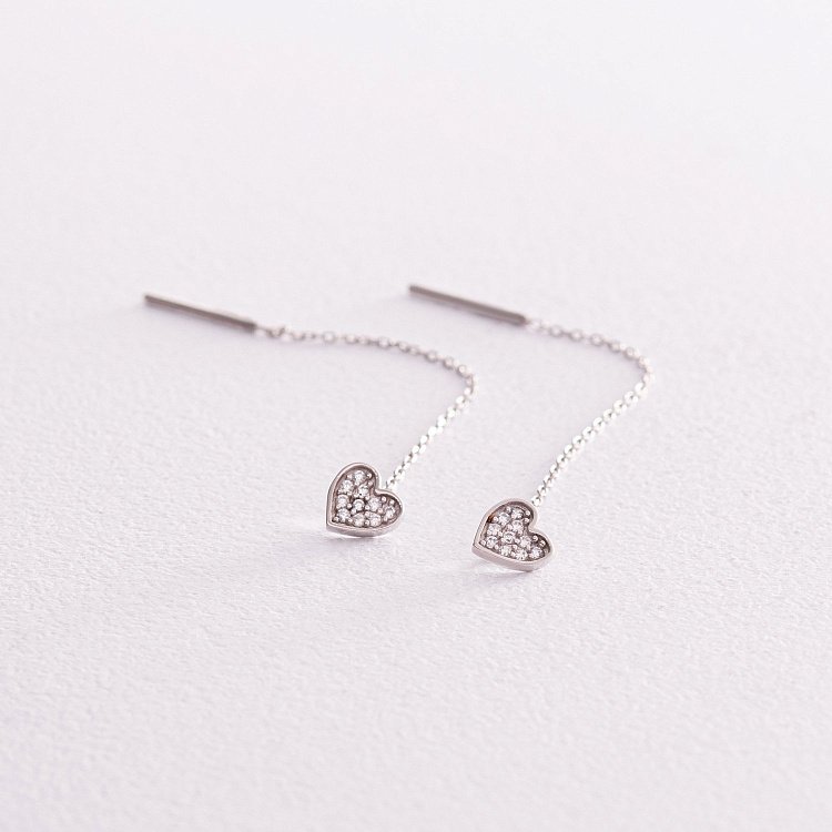 Сережки - протяжки "Сердечки" у білому золоті (фіаніти) с08084 від ювелірного магазину Онікс - 1