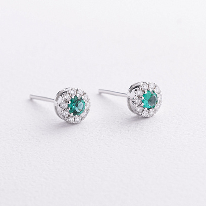 Серьги - пусеты в белом золоте (бриллианты, изумруды) сб0716mi №2