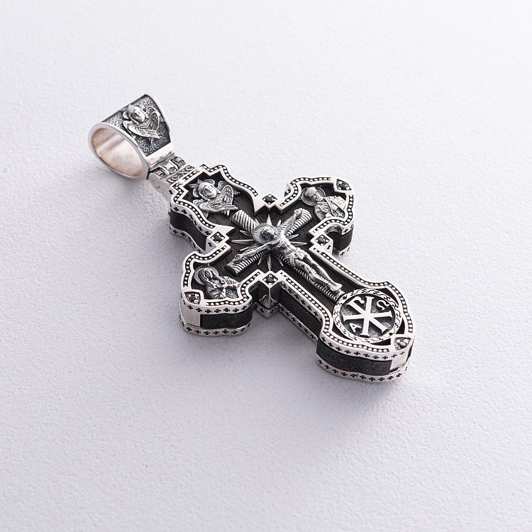 Серебряный крест "Распятие. Архангел Михаил" с эбеновым деревом 943 от ювелирного магазина Оникс - 3