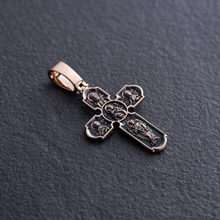 Православный золотой крест "Распятие Христово. Спас Нерукотворный. Икона Божией Матери знамение. Святитель Николай" п03017 от ювелирного магазина Оникс - 1