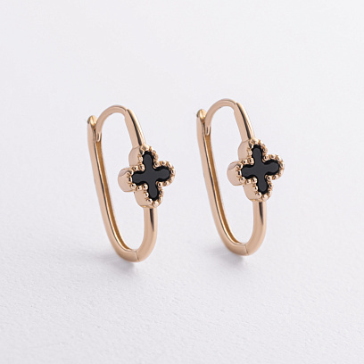 Сережки "Конюшина" з оніксом (жовте золото) с09415