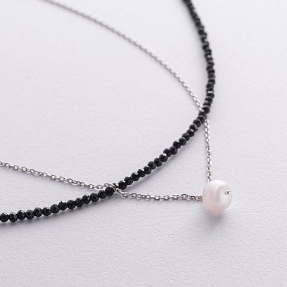 Серебряное двойное колье (хрусталь, жемчуг) 908-01428 №3