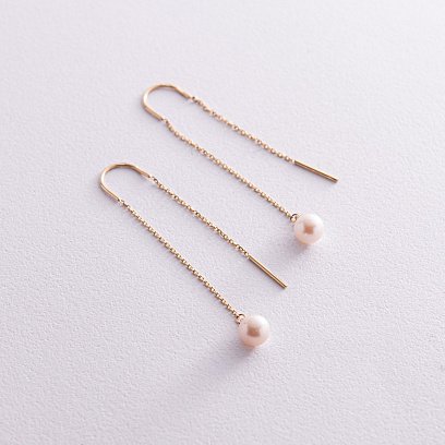 Сережки - протяжки з перлами (жовте золото) с08266 №3