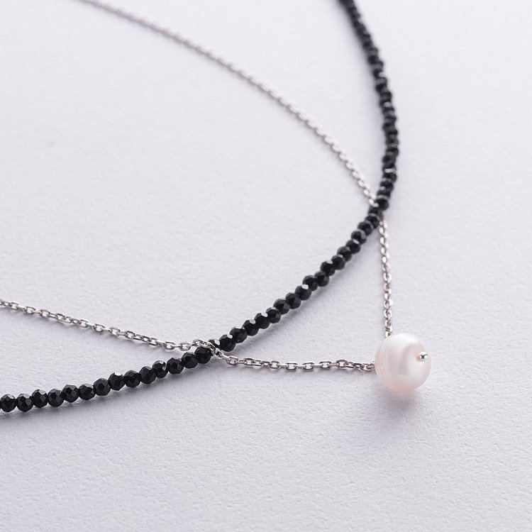 Серебряное двойное колье (хрусталь, жемчуг) 908-01428 от ювелирного магазина Оникс - 2