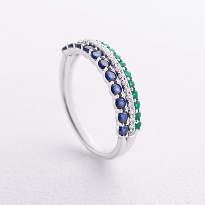 Кольцо в белом золоте (бриллианты, изумруды, сапфиры) кб0677lg