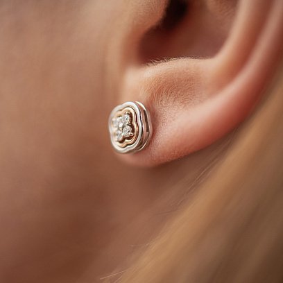 Золотые серьги - пусеты "Клевер" с бриллиантами 334361121 №4