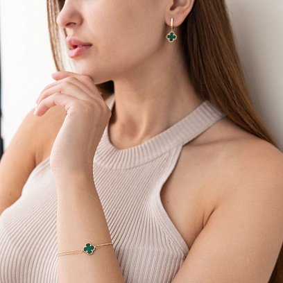 Подвійний браслет "Конюшина" в жовтому золоті (малахіт) б04823 №2