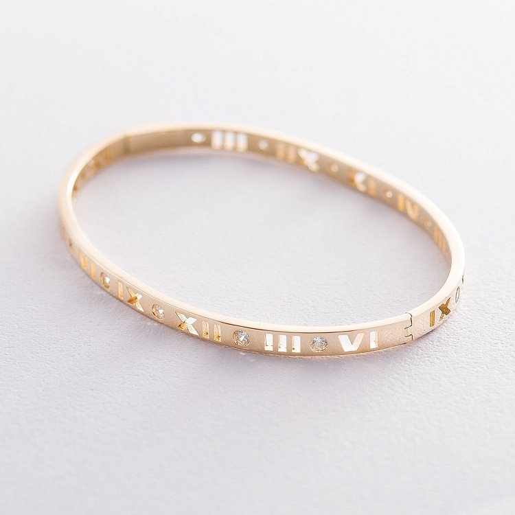 Жорсткий золотий браслет "Римські цифри" з фіанітами б03895 від ювелірного магазину Онікс