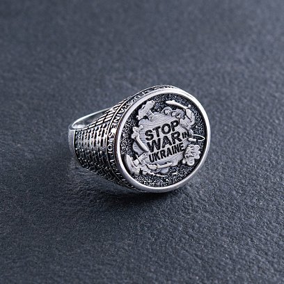 Мужская серебряная печатка "Stop war in Ukraine" 112723