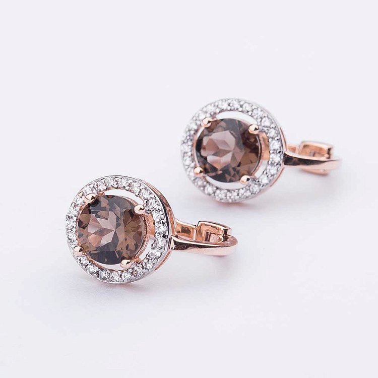 Золотые серьги с дымчатым кварцем и фианитами с04166 от ювелирного магазина Оникс - 1