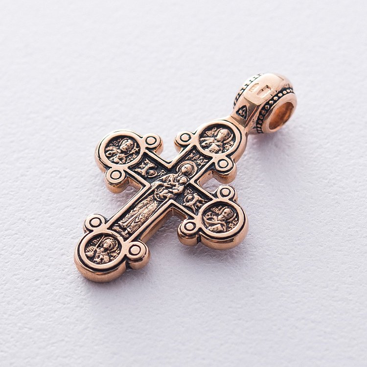 Золотой православный крестик "Распятие Христово. Валаамская икона Божией Матери. Русские святые" п02670 от ювелирного магазина Оникс - 1