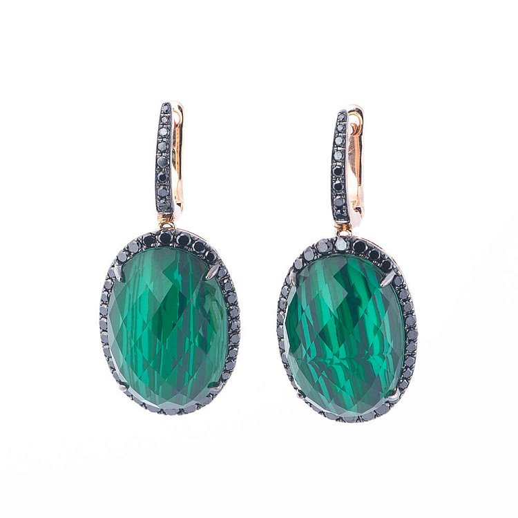 Золоті сережки з чорними діамантами, малахітом і гірським кришталем сб0077aj від ювелірного магазину Онікс