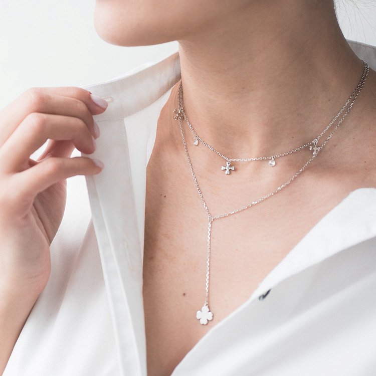 Двойное серебряное колье "Клевер" с фианитами 18936 от ювелирного магазина Оникс - 1