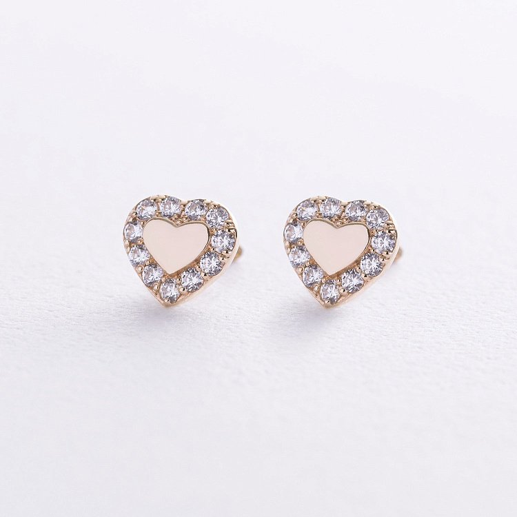 Серьги - пусеты "Сердечки" с фианитами (желтое золото) с08110 от ювелирного магазина Оникс