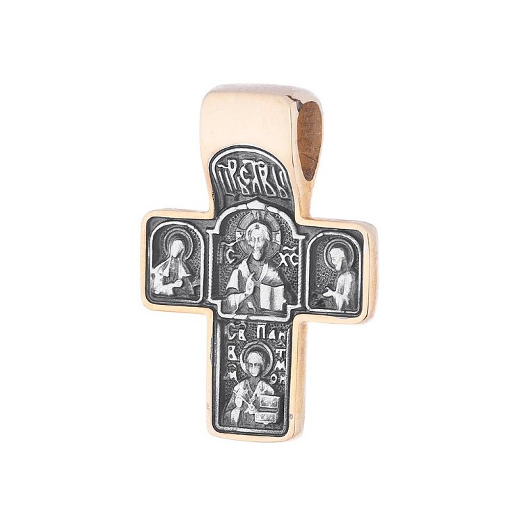 Серебряный крест с позолотой "Господь Вседержитель и Целитель Пантелеймон" 132396 от ювелирного магазина Оникс