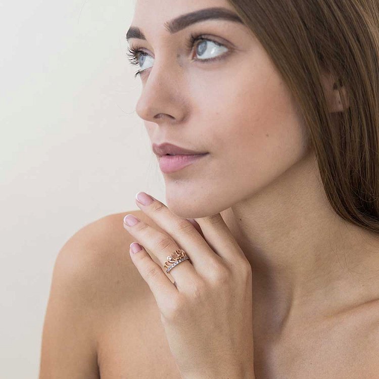 Золота каблучка "Корона" з фіанітами к03935 від ювелірного магазину Онікс - 1