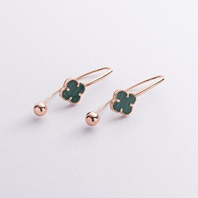 Золотые серьги "Клевер" с малахитом с09321 №2