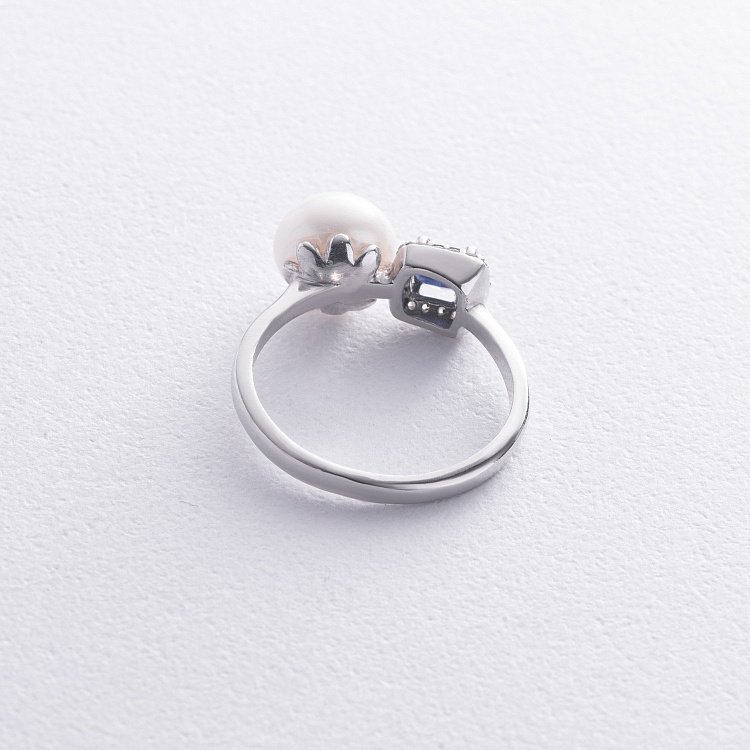 Серебряное кольцо с жемчугом, синт. сапфиром и фианитами 1837/1р-PWTNS от ювелирного магазина Оникс - 4