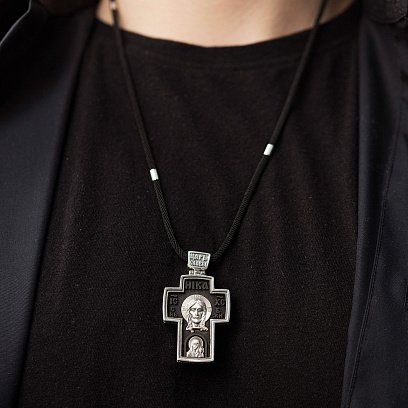 Мужской православный крест "Спас Нерукотворный. Архангел Михаил" из эбенового дерева и серебра 133230 №2