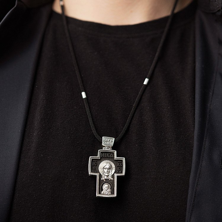 Мужской православный крест "Спас Нерукотворный. Архангел Михаил" из эбенового дерева и серебра 133230 от ювелирного магазина Оникс - 1