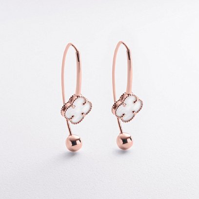 Золотые серьги "Клевер" с перламутром с09319