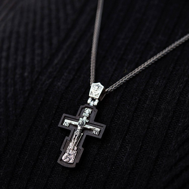 Срібний хрест "Розп'яття. Пресвята Богородиця" з ебеновим деревом 632 від ювелірного магазину Онікс - 3