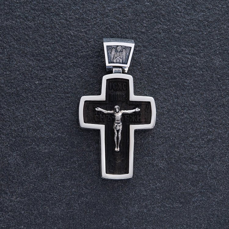 Серебряный крест "Распятие. Спаси и Сохрани" (на укр. языке) с эбеновым деревом mini 1053 от ювелирного магазина Оникс - 2