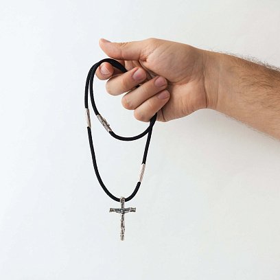 Православный серебряный крест "Распятие. Спаси и Сохрани" на шнурке 848 №6