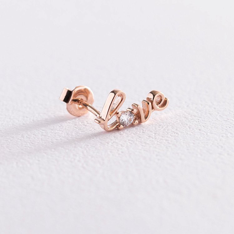 Золота моносережка "Love" з фіанітом с07479 від ювелірного магазину Онікс - 2