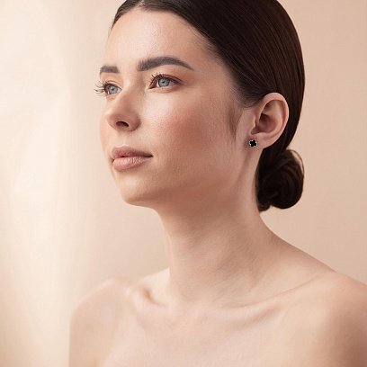 Серебряные серьги - пусеты "Клевер" с ониксом mini 123296 №3