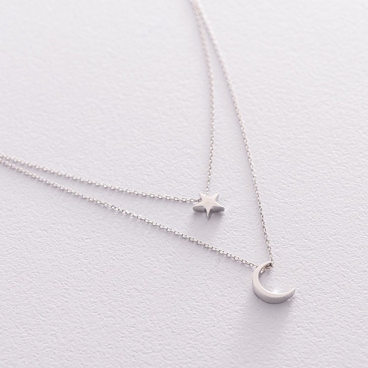 Двойное колье "Звезда и луна" в белом золоте кол01872 от ювелирного магазина Оникс