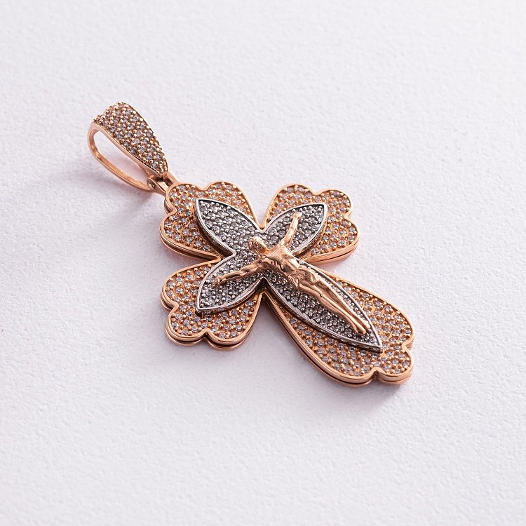 Золотой крест "Распятие. Спаси и Сохрани" с фианитами 270056 от ювелирного магазина Оникс