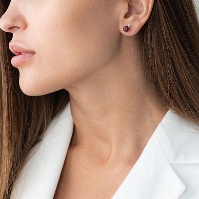 ﻿Золоті сережки-пусети з піропом і фіанітами с05042 №4