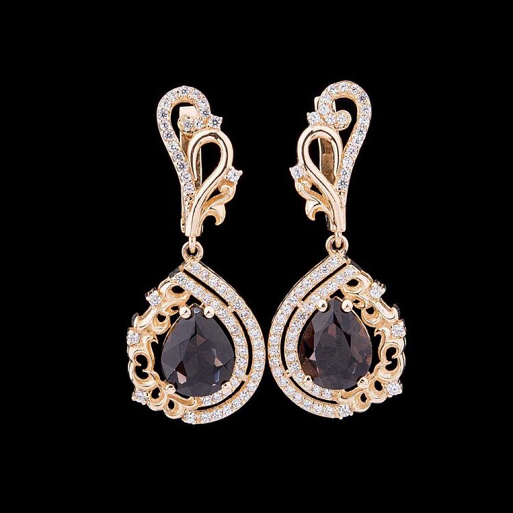 Золоті сережки з димчастим кварцом і фіанітами с03903 від ювелірного магазину Онікс - 1