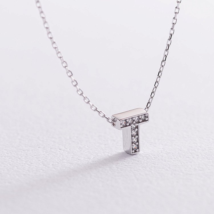 Кольє з буквою "Т" в білому золоті (фіаніти) кол01329Т від ювелірного магазину Онікс