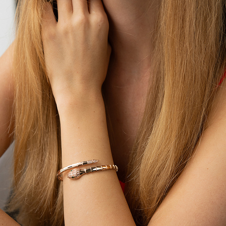 Жесткий браслет "Змея" в красном золоте (фианиты) б05511 от ювелирного магазина Оникс - 6