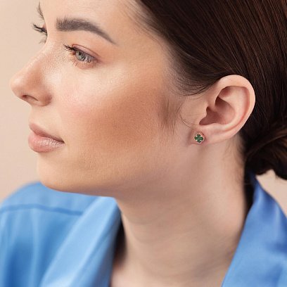 Cерьги - пусеты "Клевер" с малахитом mini (красное золото) с08404 №6