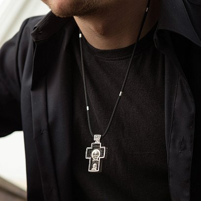 Мужской православный крест "Спас Нерукотворный. Архангел Михаил" из эбенового дерева и серебра 133230 №4