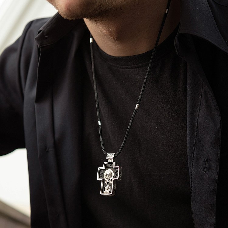 Мужской православный крест "Спас Нерукотворный. Архангел Михаил" из эбенового дерева и серебра 133230 от ювелирного магазина Оникс - 3