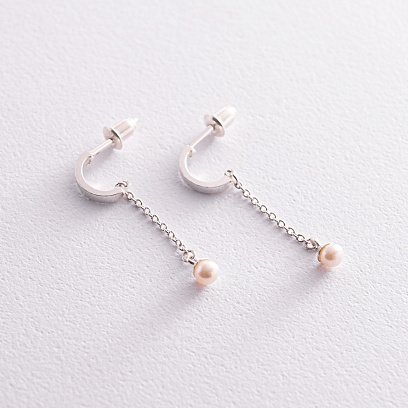 Серебряные серьги - пусеты "Миранда" с жемчугом на цепочке 123208 №2