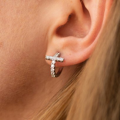 Сережки - кільця "Хрестики" з фіанітами (біле золото) с09092 №3