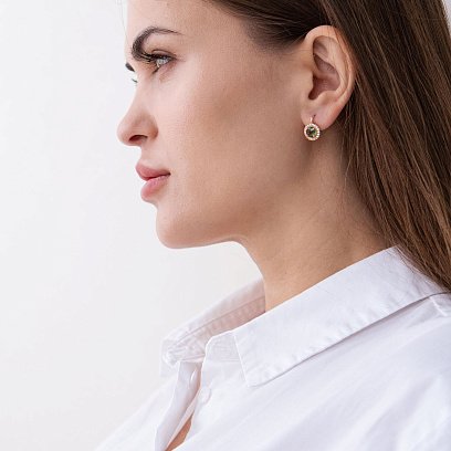 Золотые серьги с зелеными и белыми фианитами с07464 №3